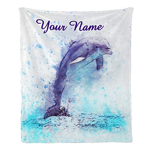 CUXWEOT Custom Blanket with Name Text,Personalized Dolphin Super Soft Fleece Throw Blanket for Couch Sofa Bed (50 X 60 inches)