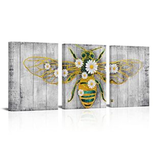 bee canvas wall art yellow and green animal insect painting honeybee wall decor for living room kitchen wall decoration framed and stretched easy to hang size 12″x16″x3
