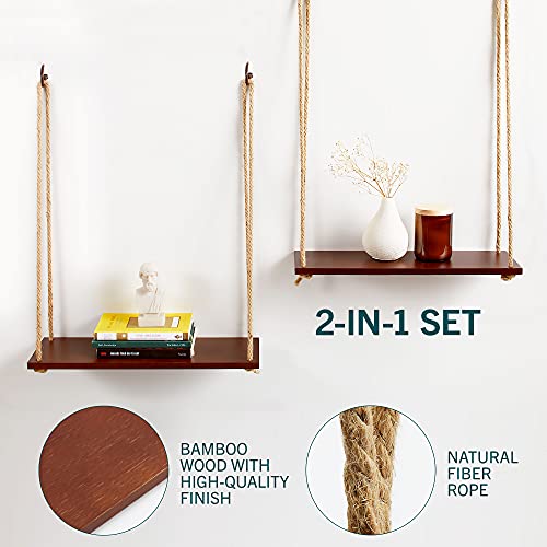 HomeBuddy Hanging Shelves - Adjustable Hanging Shelf, Wall Hanging Decor Set of 2, Lightweight, Premium Wooden Shelf from Bamboo, Hanging Plant Shelf for Bedroom and Living Room