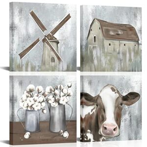 ouelegent 4 piece farmhouse canvas wall art rustic cow dutch windmill cotton flower picture artwork modern countryside printed painting for living room kitchen decor framed ready to hang 12×12 inch