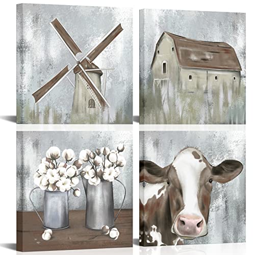 OuElegent 4 Piece Farmhouse Canvas Wall Art Rustic Cow Dutch Windmill Cotton Flower Picture Artwork Modern Countryside Printed Painting for Living Room Kitchen Decor Framed Ready to Hang 12x12 Inch