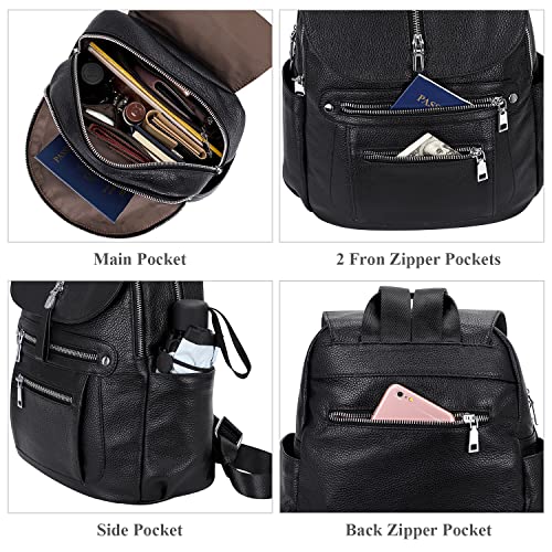 ALTOSY Leather Backpack Purse for Women Fashion Casual Handbag with Multi Pockets and Flap (S107 Black)