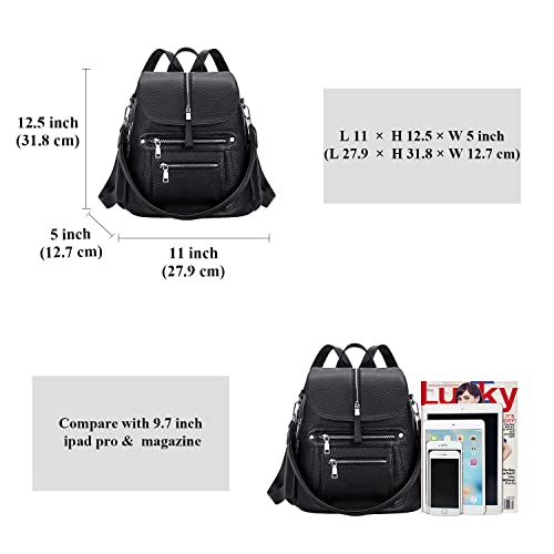 ALTOSY Leather Backpack Purse for Women Fashion Casual Handbag with Multi Pockets and Flap (S107 Black)