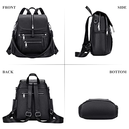 ALTOSY Leather Backpack Purse for Women Fashion Casual Handbag with Multi Pockets and Flap (S107 Black)