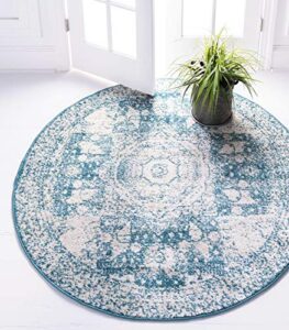 rugs.com dover collection rug – 5 ft round turquoise low-pile rug perfect for kitchens, dining rooms