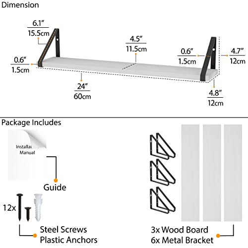 Wallniture Ponza Floating Shelves for Bathroom Decor, Wall Bookshelves for Living Room, Kitchen, Wood Wall Shelves 24"x4.5" White Shelf Set of 3