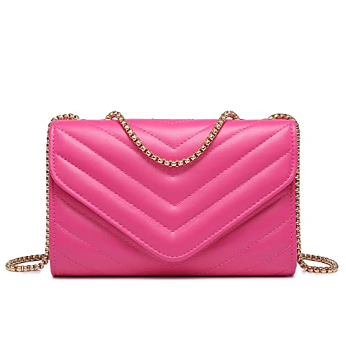 Dasein Women Small Quilted Crossbody Bags Stylish Designer Evening Bag Clutch Purses and Handbags with Chain Shoulder Strap (Fuchsia)