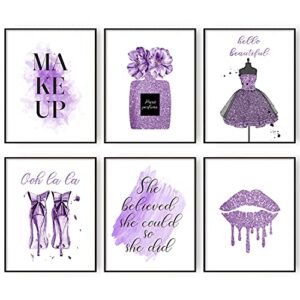 allblue purple flower perfume fashion wall art prints set of 6 wall pictures for bedroom makeup art girls room wall decor (8″x10″ unframed)