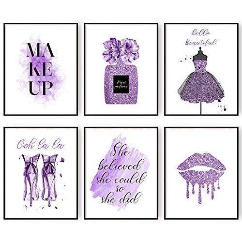 AllBlue Purple Flower Perfume Fashion Wall Art Prints Set of 6 Wall Pictures for Bedroom Makeup Art Girls Room Wall Decor (8"x10" UNFRAMED)