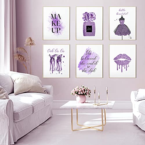 AllBlue Purple Flower Perfume Fashion Wall Art Prints Set of 6 Wall Pictures for Bedroom Makeup Art Girls Room Wall Decor (8"x10" UNFRAMED)