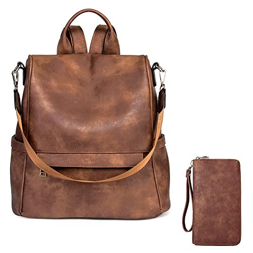 CLUCI Women Backpack Purse Fashion Leather Large Designer Travel Bag Ladies Shoulder Bags Women Wallet Large Leather Designer Zip Around Card Holder Organizer Ladies Travel Clutch Wristlet Brown