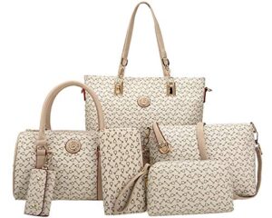 rainbosee women 6 pcs handbag tote stitching shoulder bag pu top handle hobo satchel purse clutch beige