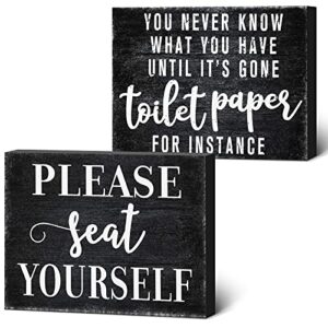 2 pieces funny farmhouse bathroom decor you never know what you have until it’s gone toilet paper sign please seat yourself sign humor toilet box plaque for toilet decoration, 4 x 5 inch (black)