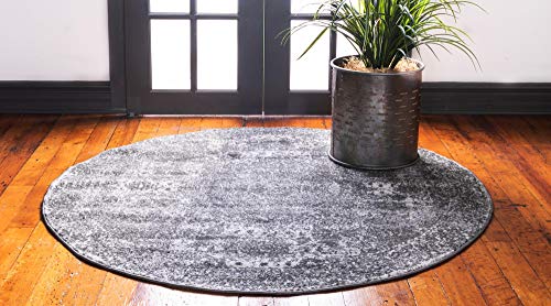 Rugs.com Dover Collection Rug – 5 Ft Round Dark Gray Low-Pile Rug Perfect for Kitchens, Dining Rooms