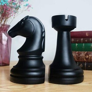 decorative chess bookends for shelves, book ends decorative for office heavy books, 7x7x4 inches, black,1pair/2piece (chess)