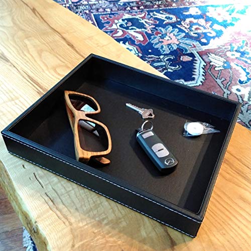 Valet Tray, Dresser Organizer, Desk Tray, Bedside Organizer, Key Bowl, Nightstand Organizer for Men, EDC Tray, Black PU Leather, 10.3 x 8.3 x 1.6 inches