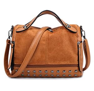 handafa ladies boston tote handbag studded hobo purse for women rivet satchel bag(wheat)