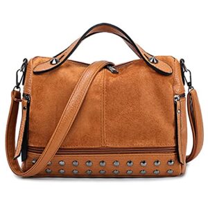 HANDAFA Ladies Boston Tote Handbag Studded Hobo Purse For Women Rivet Satchel Bag(Wheat)