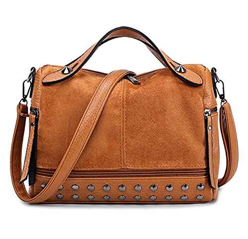 HANDAFA Ladies Boston Tote Handbag Studded Hobo Purse For Women Rivet Satchel Bag(Wheat)