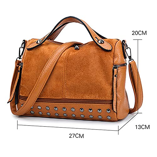 HANDAFA Ladies Boston Tote Handbag Studded Hobo Purse For Women Rivet Satchel Bag(Wheat)