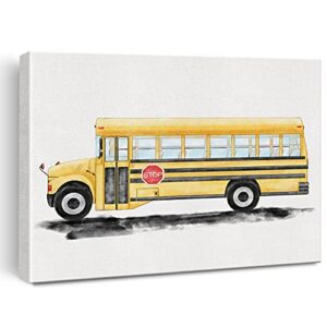 school bus canvas wall art watercolor transportation vehicles school bus canvas painting prints for home kids bedroom nursery wall decor framed artwork gifts(12×15 inch)