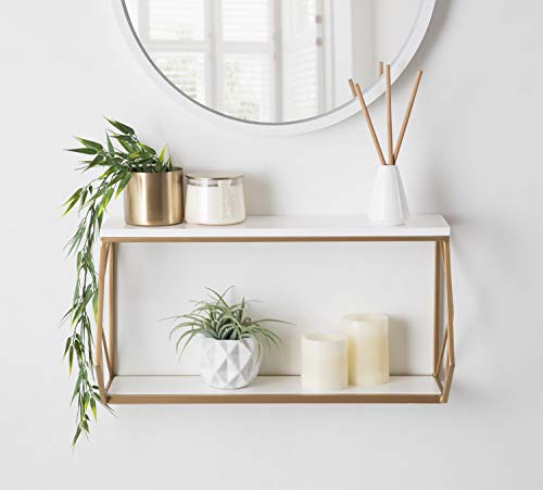 Kate and Laurel Brost Glam Wall Shelf, 22 x 8 x 10.25, White and Gold, Modern Geometric Floating Shelves for Wall