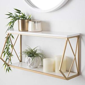 Kate and Laurel Brost Glam Wall Shelf, 22 x 8 x 10.25, White and Gold, Modern Geometric Floating Shelves for Wall