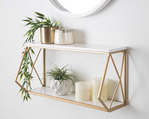 Kate and Laurel Brost Glam Wall Shelf, 22 x 8 x 10.25, White and Gold, Modern Geometric Floating Shelves for Wall