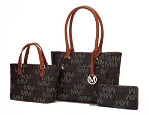 mkf 3-pc set, shoulder bag for women, small tote handbag & wristlet purse – top handle pu leather fashion pocketbook lady brown