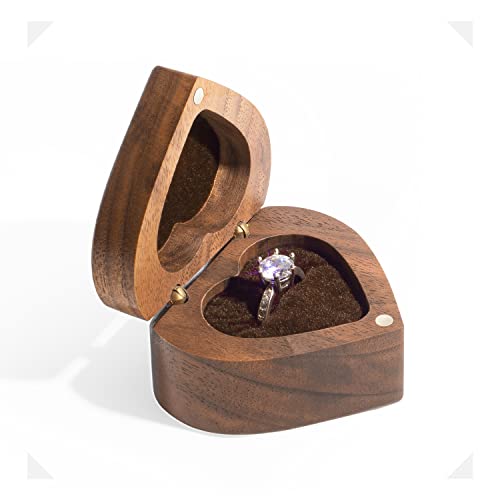 Wislist Heart Shaped Walnut Wood Ring Box Velvet Soft Interior Holder Jewelry Chest Organizer Earrings Coin Jewelry Wooden Presentation Box Case for Proposal Engagement Wedding Ceremony Birthday Gift