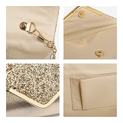 Dasein Women Evening Bags Formal Clutch Purses for Wedding Party Prom Handbags with Shoulder Strap and Glitter Flap (Gold)