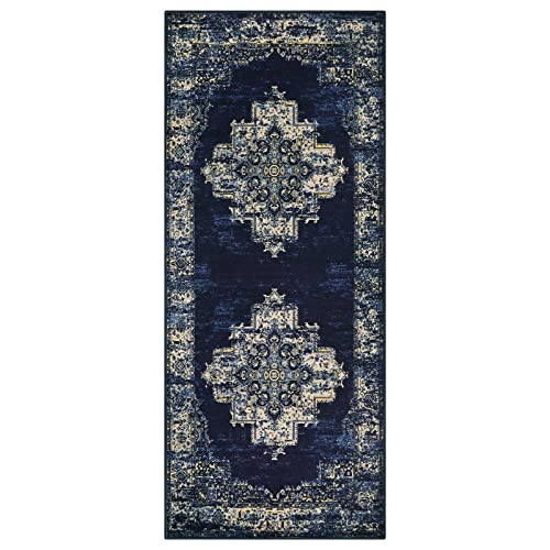 Lanffia Navy Blue Boho Runner Rug 2x5 Medallion Distressed Bedroom Rug Runner Washable Non-Slip Plastic Point Backed Vintage Non-Shedding Floor Carpet for Entryway Laundry Room Barhroom