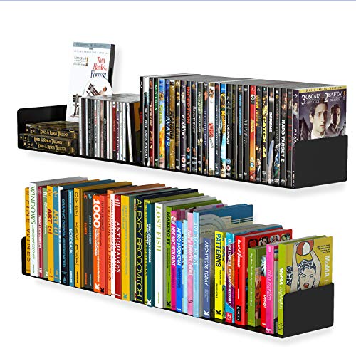 Wallniture Bali 33 Inch Floating Bookshelf and CD DVD Storage Shelves, Video Game Shelf Set of 2, Metal Black Floating Shelves for Wall