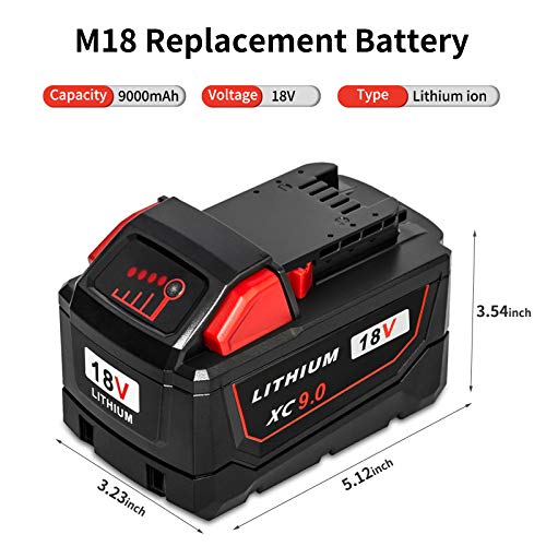 SUnMilY 2 Pack M-18 Battery 9.0 Ah for Milwaukee 18 Volt Batteries, High Output 18V 9000 mAh Replacement for 48-11-1852 48-11-1850 48-11-1840 48-11-1890 48-11-1828 with 2 Holder