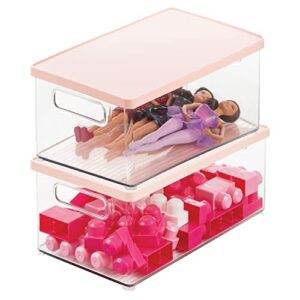 mdesign plastic storage bin box container, lid – built-in handles – organization for toys, games, or accessories in play or game room, cabinet, shelves, or cubby, ligne collection, 2 pack, clear/pink