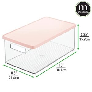 mDesign Plastic Storage Bin Box Container, Lid - Built-In Handles - Organization for Toys, Games, or Accessories in Play or Game Room, Cabinet, Shelves, or Cubby, Ligne Collection, 2 Pack, Clear/Pink