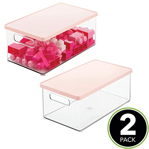 mDesign Plastic Storage Bin Box Container, Lid - Built-In Handles - Organization for Toys, Games, or Accessories in Play or Game Room, Cabinet, Shelves, or Cubby, Ligne Collection, 2 Pack, Clear/Pink