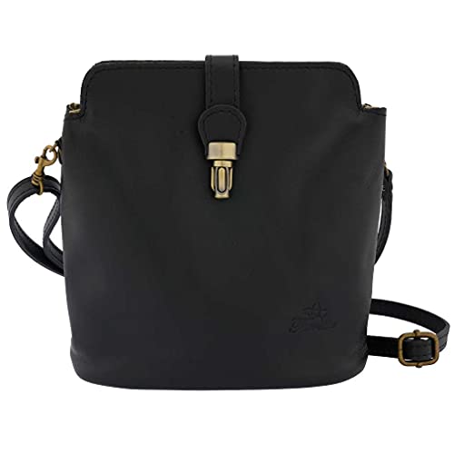 Fioretta Italian Genuine Leather Crossbody Bag Shoulder Bag Purse Snap Closure For Women - Black