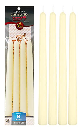 Ner Mitzvah White Beeswax Passover Seder Candles - 8 Hour Burn Time - Tall Beeswax Candles - Pack of 4 Bee Wax Taper Candles