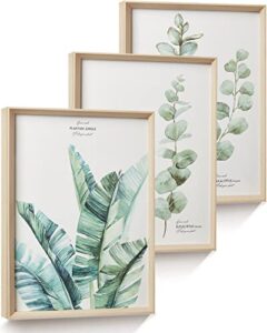 hesendot framed wall art，botanical prints for bedroom, minimalist 3 piece wood art wall decor aesthetic, 16x12in high frame design prints flower green eucalyptus leaf artworks, mdf framed poster for kitchen, bathroom, bedroom set of 3