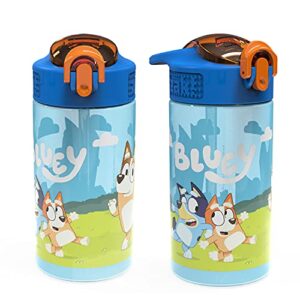 zak designs bluey kids durable plastic spout cover and built-in carrying loop, leak-proof water design for travel, (16oz, 2pc set), bluey bottle 2pk
