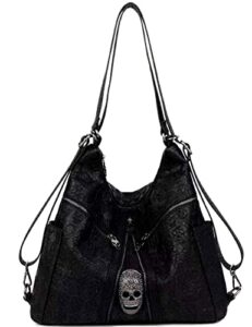 downupdown women handbag print shoulder bag skull rivet crossbody satchel messenger large tote purse handbag (black1)