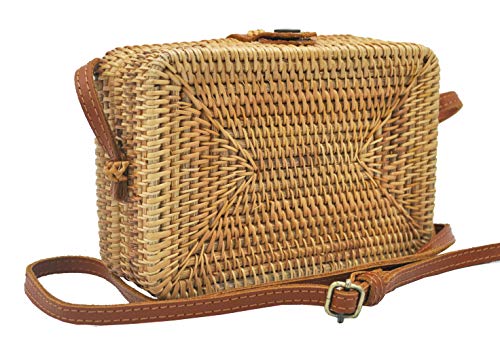 HAANCRAFTS HAAN Women Handwoven Wicker Rattan Crossbody Rectangle Bag Boho Purse Wallet – US Small, Color Brown (Rectangle Bag) Adjustable Strap