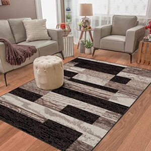 superior indoor large area rug with jute backing, modern geometric patchwork floor decor for bedroom, office, living room, entryway, hardwood floors, rockwood collection, 10′ x 14′, chocolate