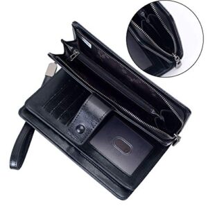 Womens Large Capacity Wristlet Wallets, 23 Credit Card Slots RFID Blocking Leather Clutch Wallets with zipper (Black)