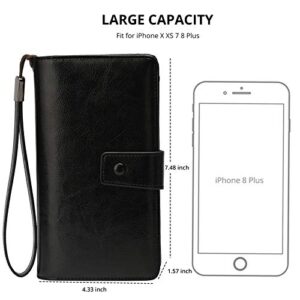 Womens Large Capacity Wristlet Wallets, 23 Credit Card Slots RFID Blocking Leather Clutch Wallets with zipper (Black)