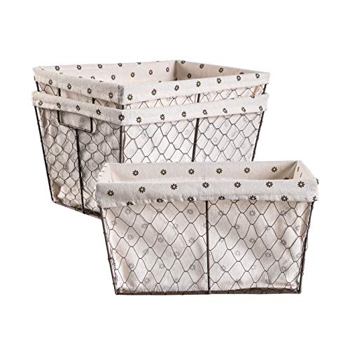 Motifeur Metal Farmhouse Storage Baskets With Removable Liner (Set of 3, White with Floral Pattern) (Small-3 Pack)