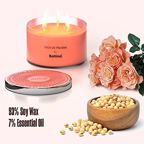 Bekind Large Jar Candles - 3-Wick Scented Candle for Home, Energy Candle Aromatherapy, Natural Soy Wax and Air Freshener Fragrance, Perfect Birthday Gifts for Women, Best Friend - 14oz(Coral Rose)