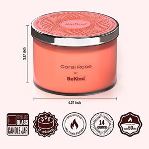 Bekind Large Jar Candles - 3-Wick Scented Candle for Home, Energy Candle Aromatherapy, Natural Soy Wax and Air Freshener Fragrance, Perfect Birthday Gifts for Women, Best Friend - 14oz(Coral Rose)