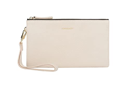 DORIS&JACKY Goatskin Leather Wristlet Clutch Wallet Cute Small Pouch Bag With Strap (3-Off white)